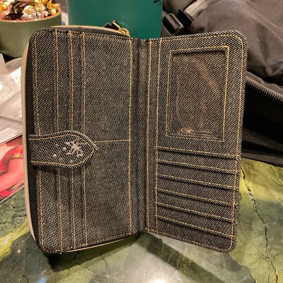 Hand-painted Rhinestones Denim Jean Fold Wallet with Girl Holding Rabbit NWOT - Picture 5 of 12